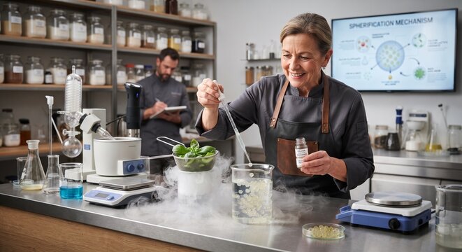 Professional senior chef using pipette for molecular gastronomy spherification in a modern scientific kitchen lab.