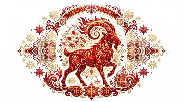 Red and gold ornate Chinese zodiac goat symbol with snowflakes and traditional patterns for New Year.