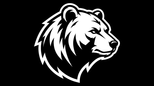 A fierce grizzly bear head emblem rendered in striking black and white graphics creates an aggressive identity for sports teams and athletic branding projects seeking powerful visual impact