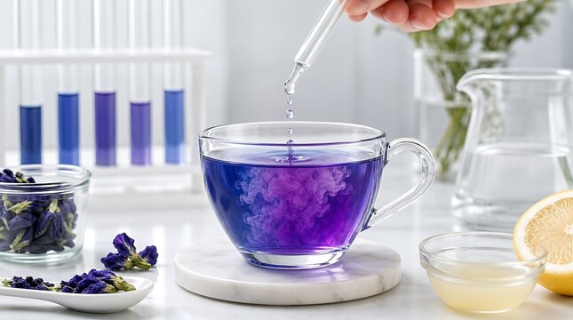 Deep blue butterfly pea flower tea turning purple with acid drops from pipette in glass cup for science beverage experiment concept