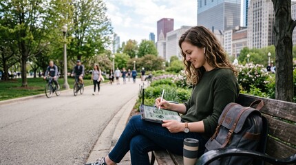 Fototapeta premium Young woman sketching on a digital tablet with a stylus while sitting on a park bench in a big city.