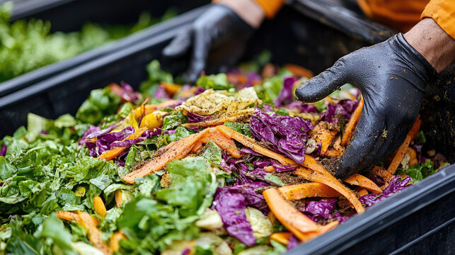 Gardener's Hands Sorting Fresh Organic Vegetables and Salad Greens in a Black Bin