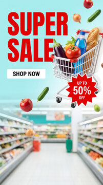 Super sale announcement with shopping cart full of groceries, discount offer, and shop now button, symbolizing great shopping deals and savings.