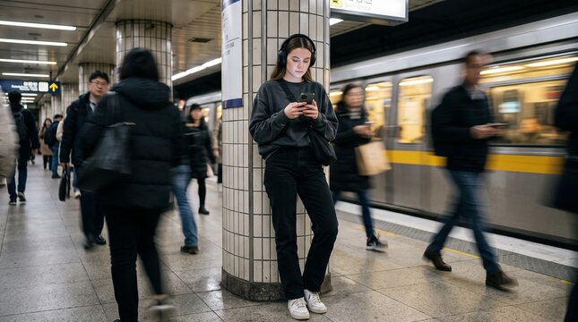 Young woman using smartphone with headphones standing on subway station platform amidst passing commuters.