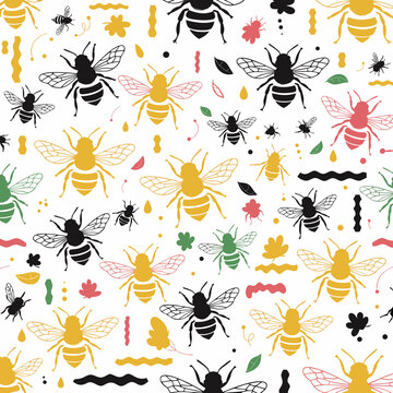 Hand drawn honey bee seamless pattern, colorful bumblebee insect wallpaper vector, whimsical nature background for textile design