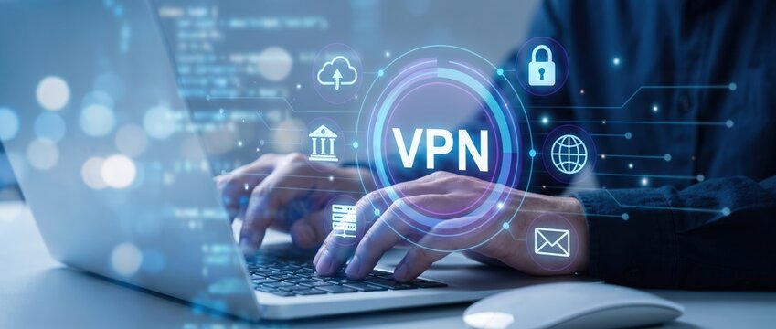 Individual working on a laptop showcasing a vpn interface highlighting the importance of cybersecurity and digital privacy in a contemporary office setting