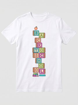 White t-shirt with colorful alphabet and number wooden blocks for early education and kids learning