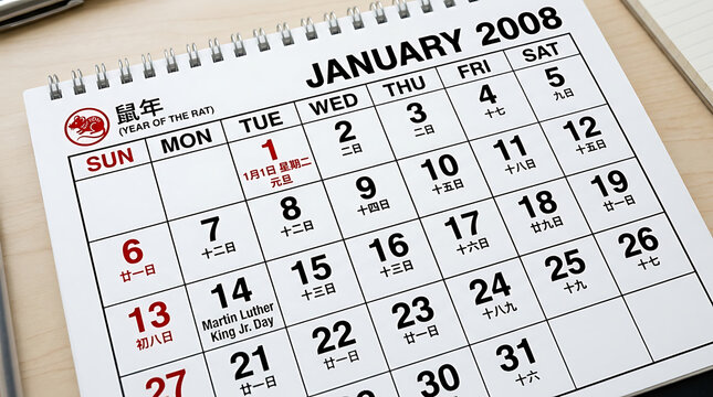 A paper desk calendar showing the month of January in the year two thousand and eight rests upon a wooden office desk surface while displaying dates for planning appointments and schedule