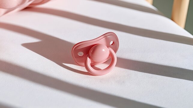 Pink baby pacifier resting on a white crib mattress, catching sunlight and casting shadows, symbolizing new beginnings, motherhood, and infant care in a calm nursery setting