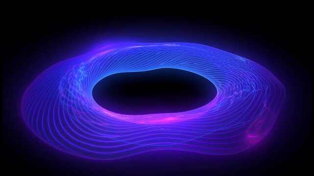 Glowing futuristic neon blue and purple ring with abstract digital light waves on black background