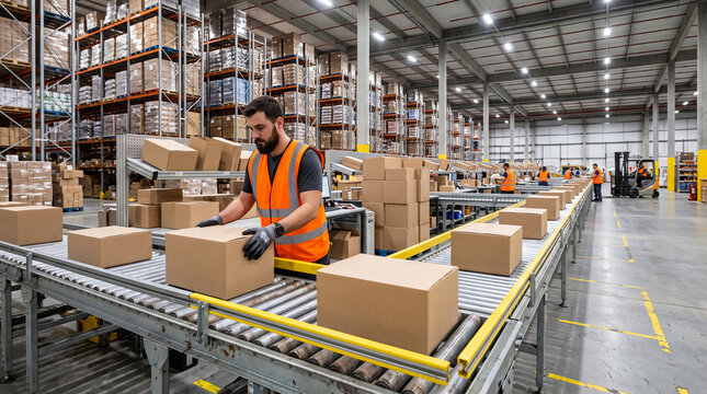 A worker sorts cardboard boxes on a conveyor belt in a large warehouse with tall shelves filled with goods, showcasing logistics and supply chain operations