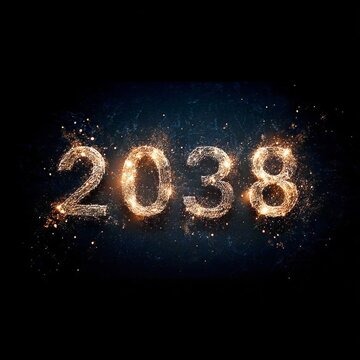 Luminous Glowing Golden 2038 Number Design Against A Deep Dark Black Festive Background For Holidays