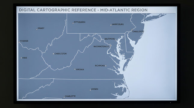 Digital cartographic reference displaying the mid-atlantic geographic territory with regional boundaries and major cities clearly marked on a digital display screen inside a monitoring room