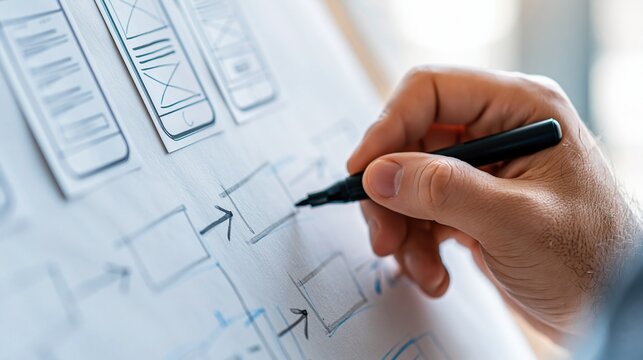 Close-up of a designer hand sketching mobile app wireframes and user interface layouts on paper