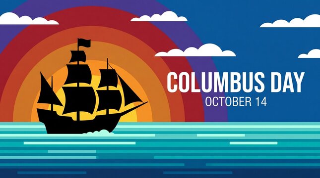 Vibrant Columbus Day celebration with sailing ship and rainbow sunset sky