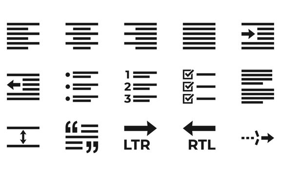 Set of black text alignment and paragraph formatting icons for word processing software and digital document editing user interface design