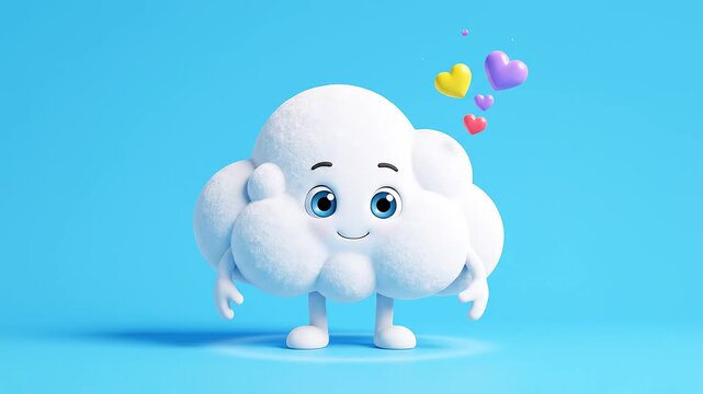 Cute Happy Cloud Character Floating With Floating Hearts On Blue Background. Customer Satisfaction Concept