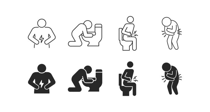 Stomach pain symptoms icon set with abdominal discomfort, nausea, digestive problems and patient poses in outline and solid styles