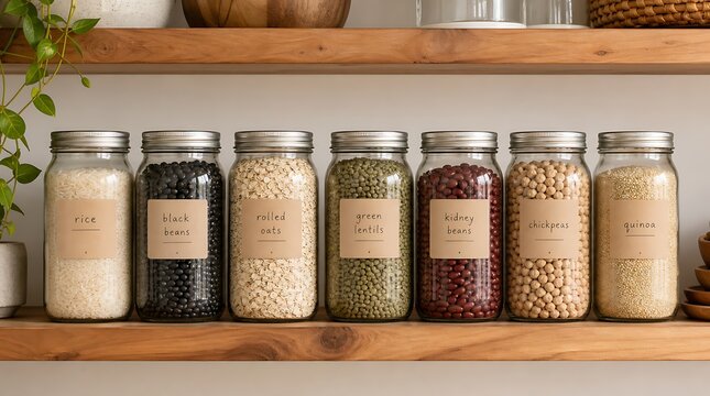 Row of clear glass jars filled with dry grains and beans labeled on wooden pantry shelf for zero waste kitchen organization concept