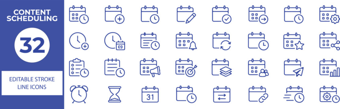 32 Content Scheduling Vector Outline Icons Set,Calendar, Planning, Deadline, Reminder and Time Management Line Symbols Collection