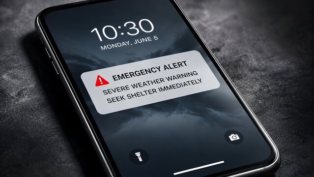 Mobile Phone Screen Displaying Severe Weather Emergency Alert Notification for Immediate Shelter and Public Safety