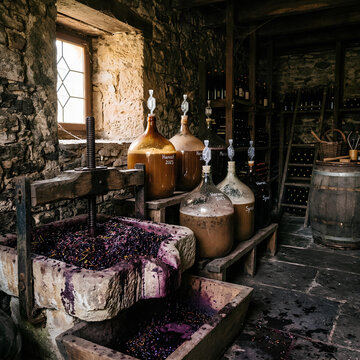 Vintage Wine Making Cellar Grape Press Fermentation Demijohns Oak Barrel