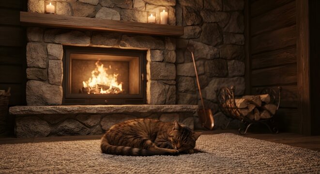 Cat curled up sleeping on rug in front of cozy fireplace