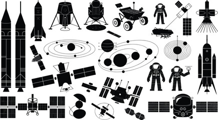 Aerospace engineering vector silhouettes set highlighting rockets lunar landers orbital satellites solar system orbits and astronaut figures © MDFARIDUR