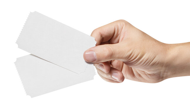 Hand holding two blank tickets, isolated on transparent cutout background