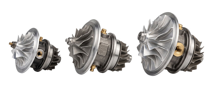 Turbocharger cartridge CHRA compressor wheel set for automotive engine performance tuning isolated on black background presenting metal mechanical auto parts engineering power hardware component