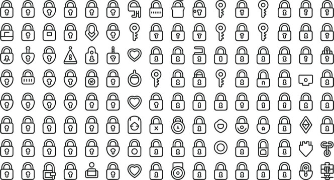 Padlocks and keys mega pack containing linear vector symbols for master key access security and locking mechanisms