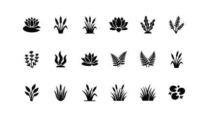 Obraz premium Collection of aquatic pond plants and marsh greenery silhouettes for wetland environment and landscaping designs