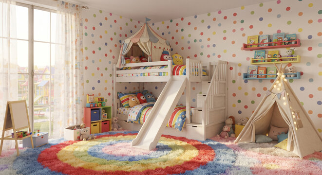 Kids' playful bedroom, bunk bed with slide, colorful polka dot wallpaper, teepee reading nook, floating bookshelves, soft rug, bright primary color accents, cheerful 3D illustration. 