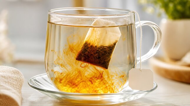 Close up of tea bag infusing golden brown liquid inside clear glass cup on table for tea brewing concept