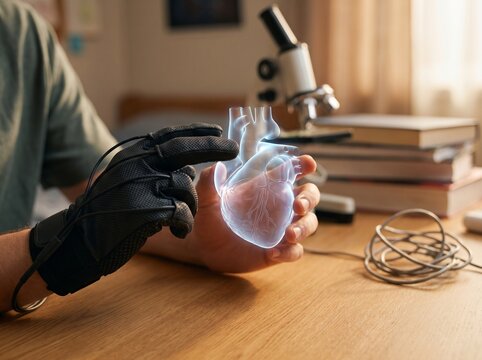 Scientist using VR glove to examine a 3D holographic human heart model in a medical laboratory