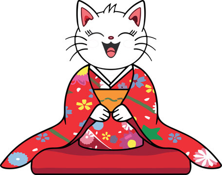Cute White Cat Cartoon Character Wearing Traditional Red Japanese Kimono with Floral Patterns Holding Tea Cup Vector Illustration for Cultural Greeting Card Designs