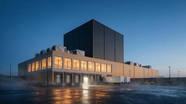 Hotel and conference centre with warmly lit lobby windows at blue hour