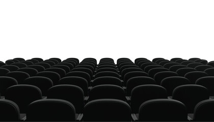 Obraz premium Rows of empty black theater seats create a symmetrical pattern on a white background, waiting for an audience to arrive for a performance or presentation event.