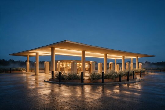 Municipal utility service centre with lit vehicle halls in the evening blue hour