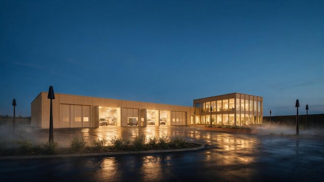 Electric charging hub with a lit canopy and shop building at blue hour