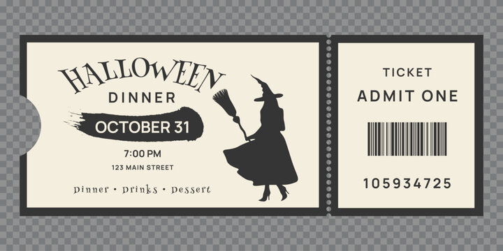 Monochrome Halloween dinner party ticket template featuring a witch silhouette with broomstick