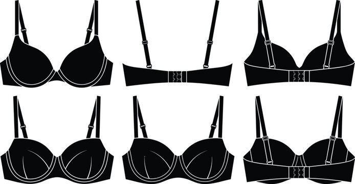 Black silhouette vector templates of women underwear bras showing front and back views for lingerie fashion design
