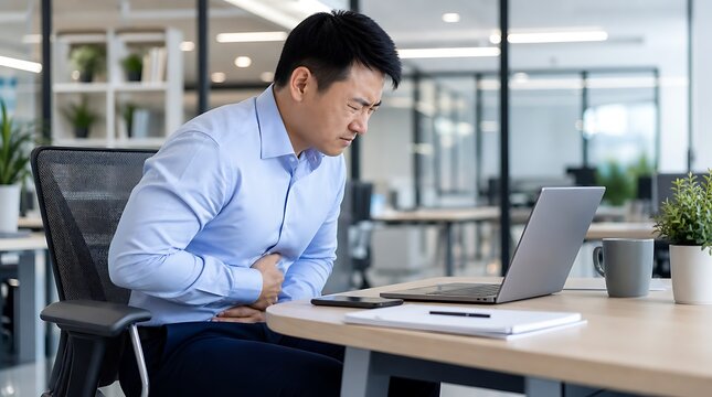Asian businessman holding painful stomach sitting at office desk while working on laptop for work stress indigestion concept