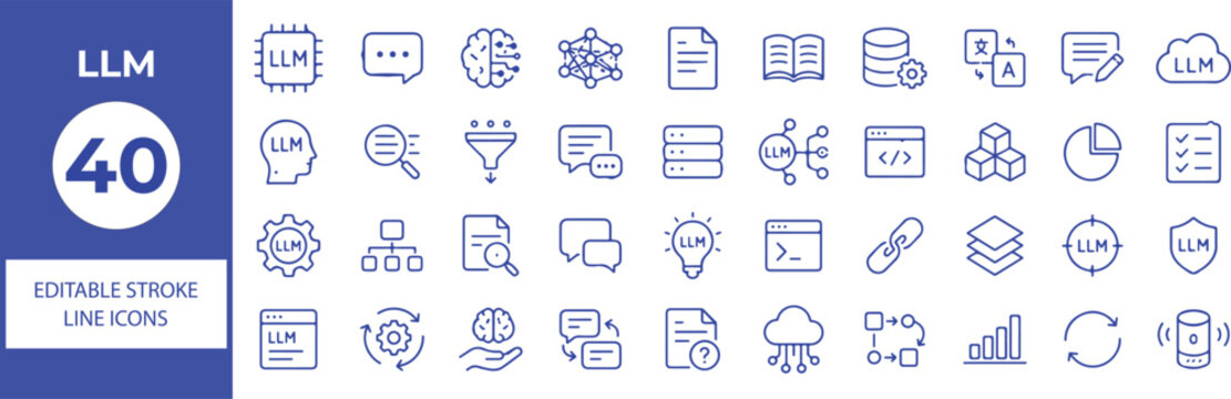 40 LLM Vector Outline Icons Set,Large Language Model, Artificial Intelligence, Machine Learning and Generative AI Line Symbols Collection