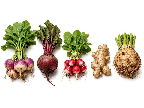 A variety of fresh root vegetables including a bunch of turnips a beet with greens a bunch of radishes ginger root and a celeriac root