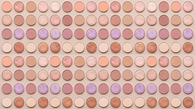 Minimal pattern with repeat makeup powder palette with sparkling and matte eyeshadows refills round shape in geometric composition. Contemporary beauty concept, neutral beige background, pastel color.
