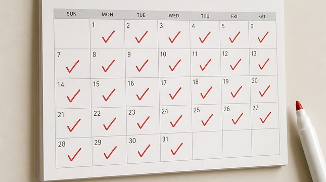 Calendar with red check marks on consecutive days and marker pen for goal tracking habit concept