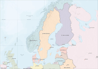 Fototapeta premium Highly Detailed Political and Physical Map of Sweden with Shaded Relief and Neighboring Countries