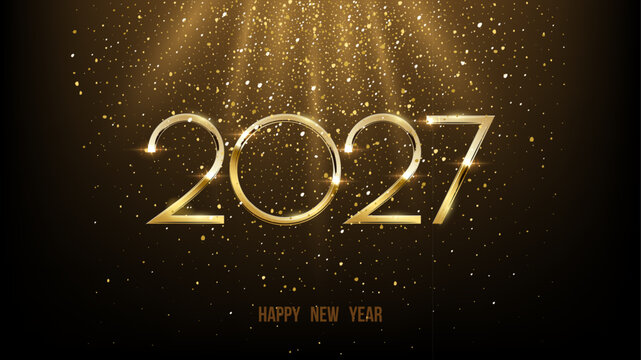 2027 Happy New Year greeting card. Festive Christmas social media banner. Golden numbers 2027 with falling confetti and sparkling lights on dark. Luxury holiday postcard. Elegant vector illustration.