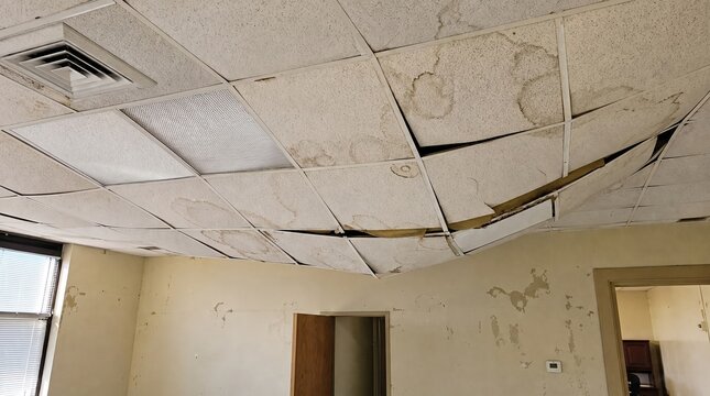 Water Damaged Drop Ceiling Tiles Sagging and Staining in an Abandoned Office Interior, Highlighting Serious Property Neglect and Decay